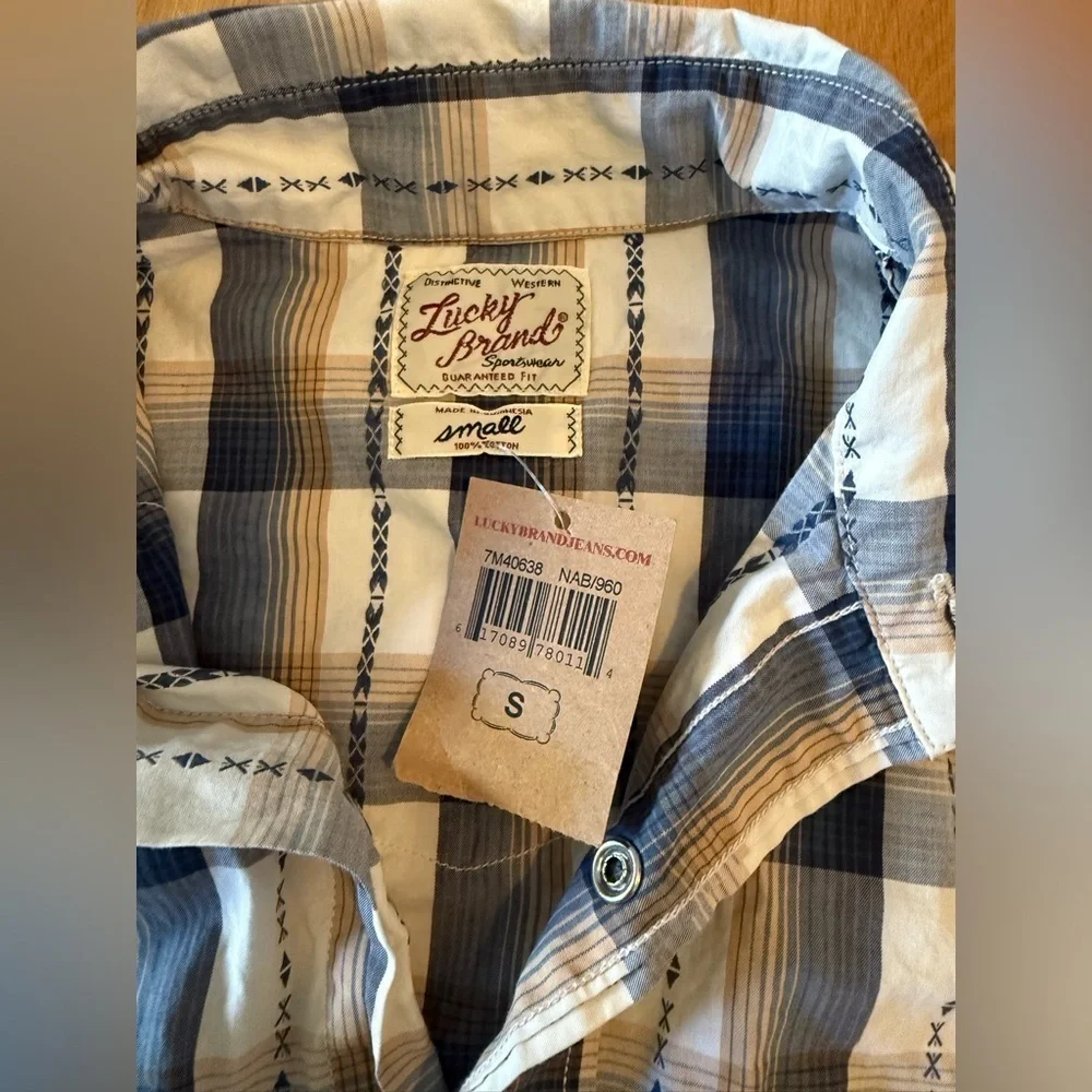 Lucky Brand Western Plaid Button-Down Shirt Small Blue Tan NWT